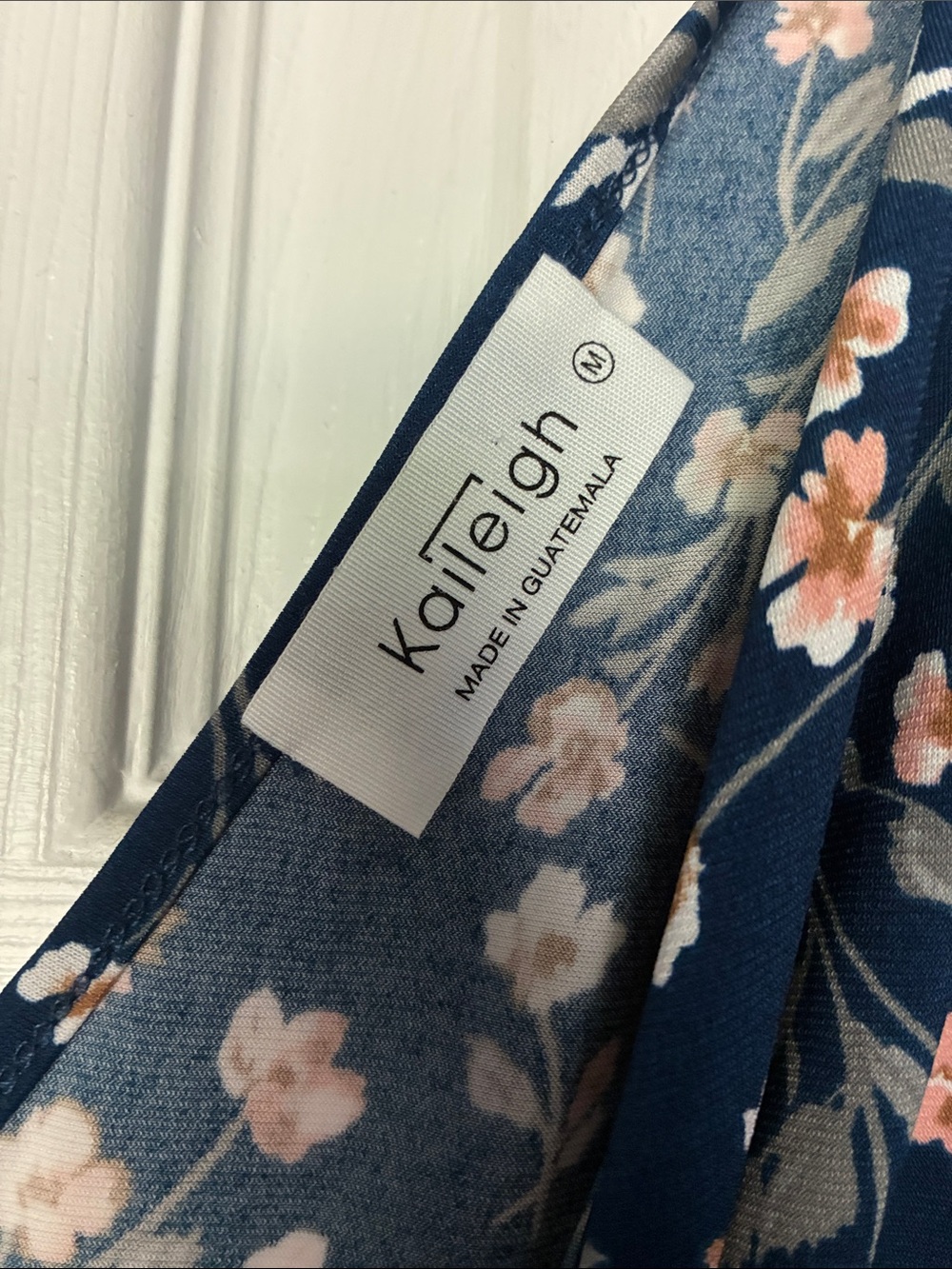 Kaileigh Navy Floral Wrap Midi Dress with Peach Blossoms - Picture 2 of 4
